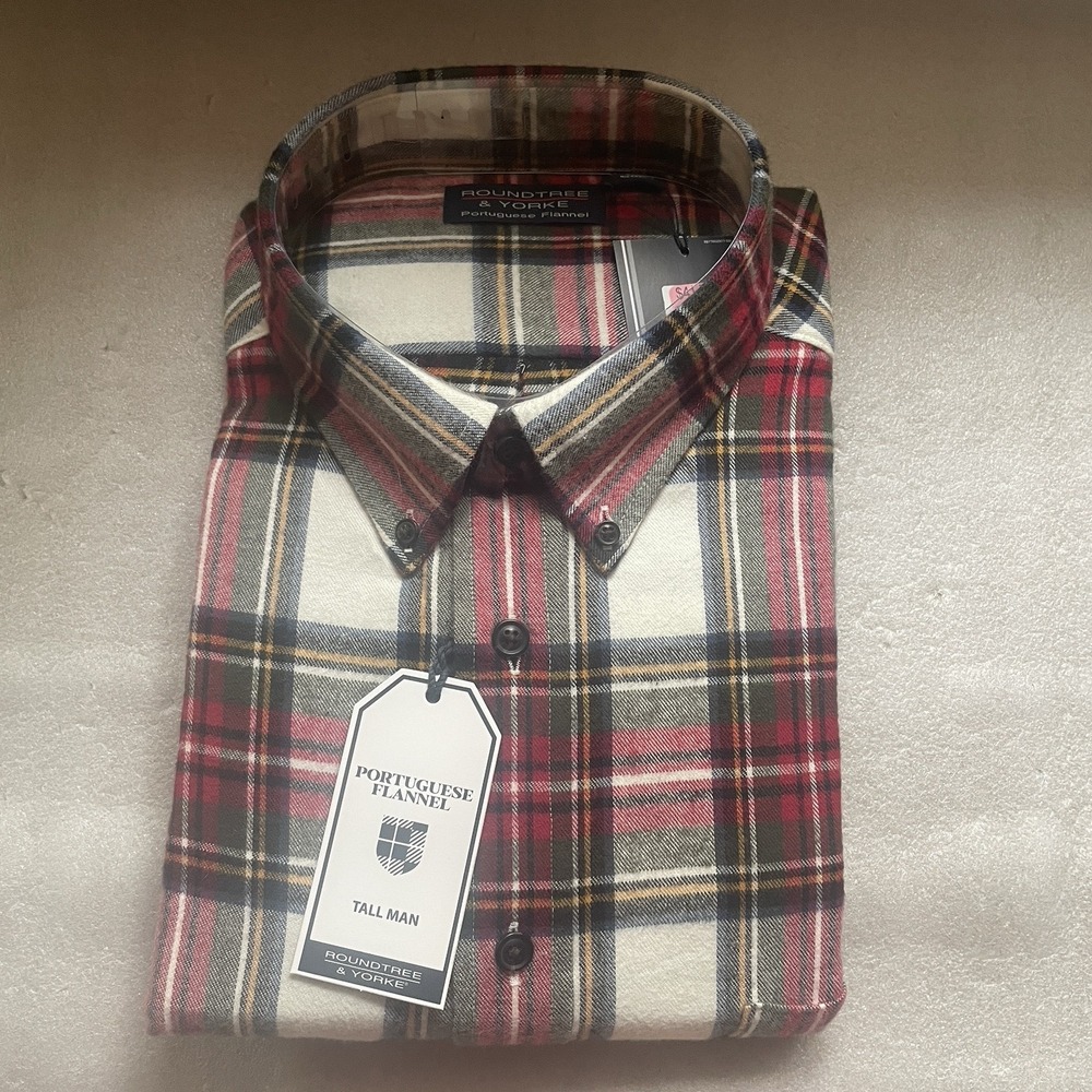 Roundtree Yorke Portuguese Flannel Shirt Mens 2XT Red White Tartan Plaid Buttons